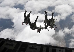 Canadian special operation regiment members conduct a freefall jump out of a U.S. Air Force C-17