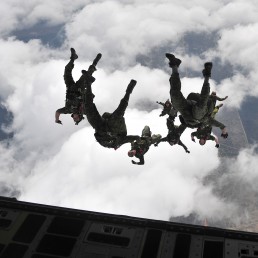 Canadian special operation regiment members conduct a freefall jump out of a U.S. Air Force C-17